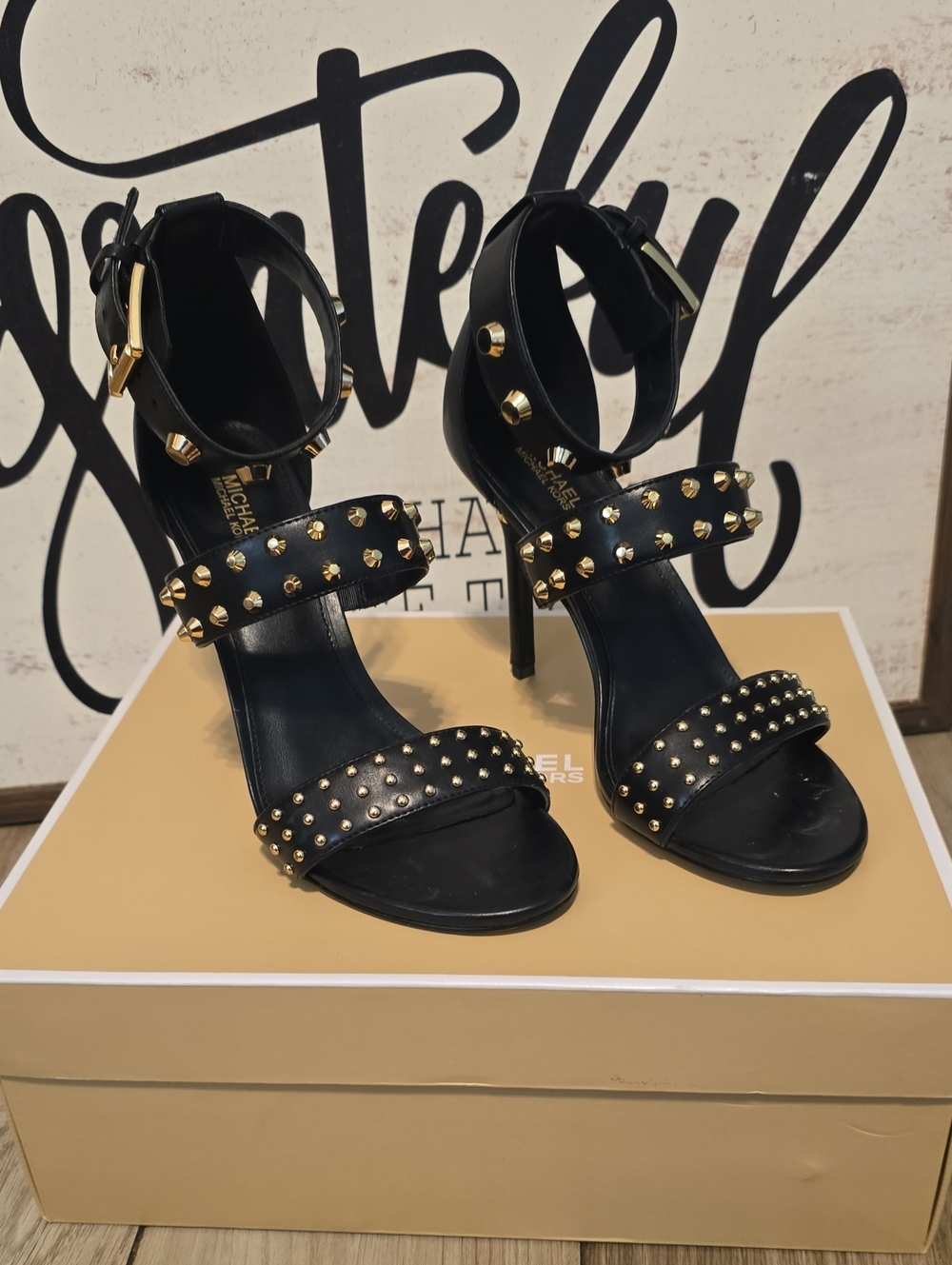 Michael Kors Black Leather Studded Ankle-Strap Heels